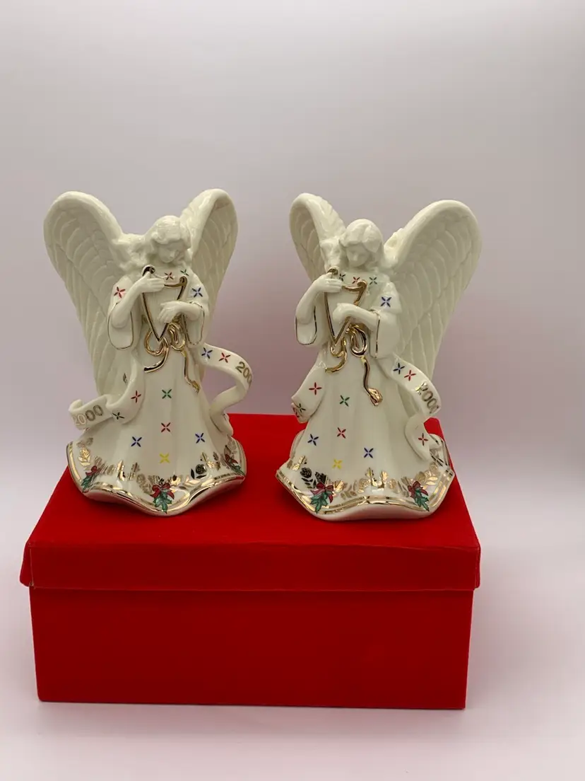 Pair Of Vtg. Y2K 2000 Collectible Christmas Angel Candlestick Holders W/Orig.Box