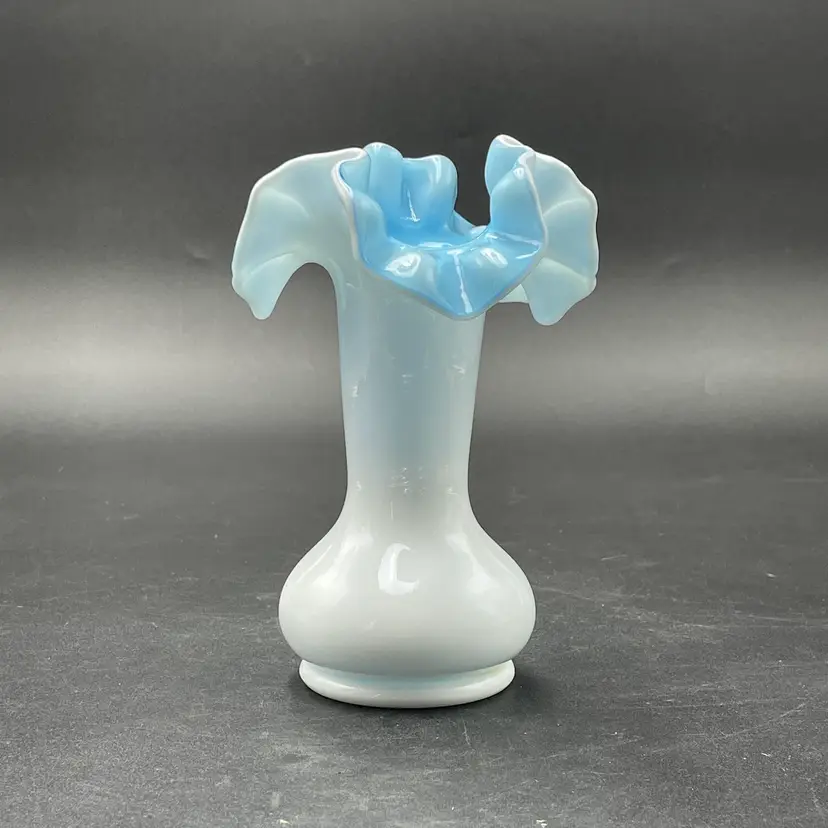 Kanawha Cased White Blue Glass Vase Ruffled Crimped Edge Vintage Home Decor