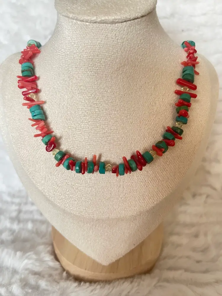 Handmade turquoise and coral chip necklace