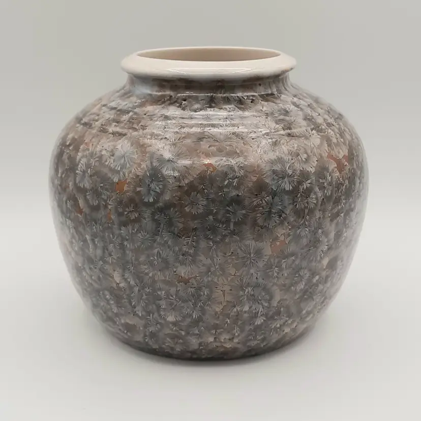 Art Pottery Orange Vase with Blue Gray Silver Flowers