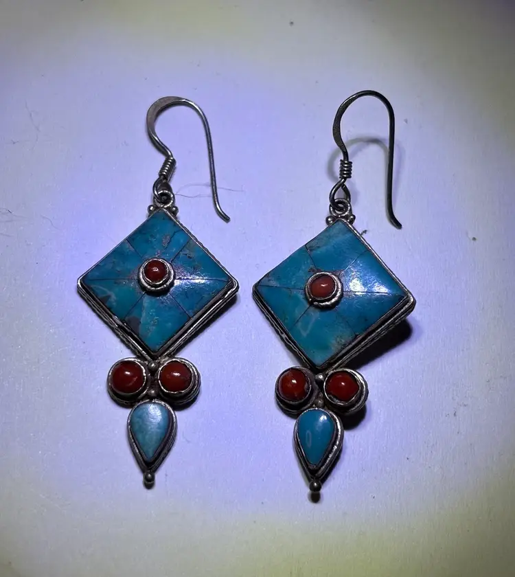Sterling Silver and Turquoise with Coral Dangle Earrings