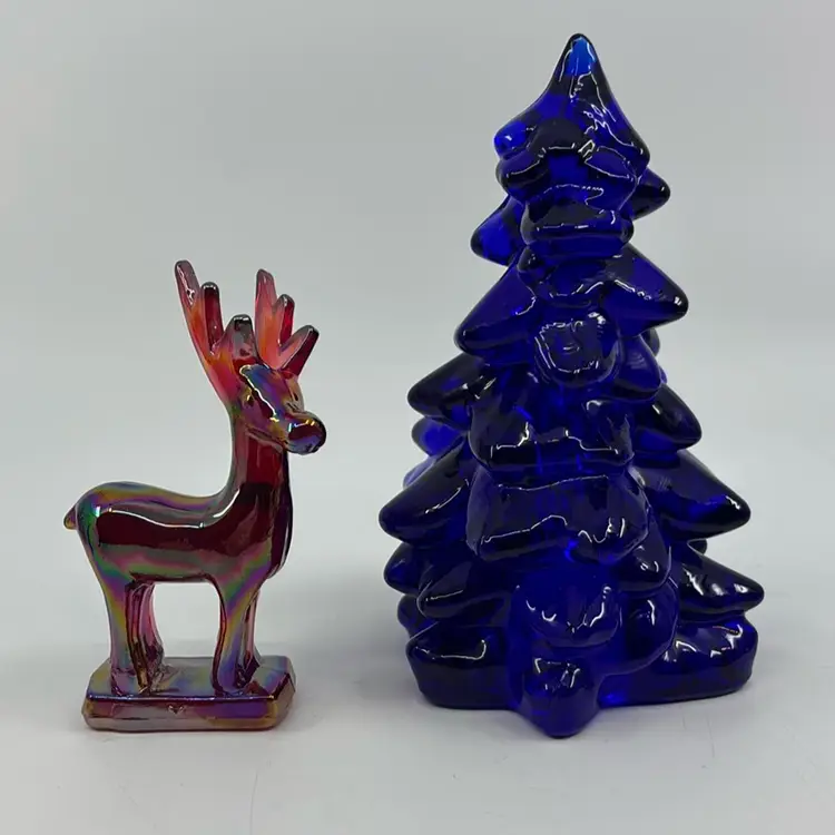 Cobalt Blue Tree & Red Carnival Deer Pair Mosser Glass 5.5” & 3.75”