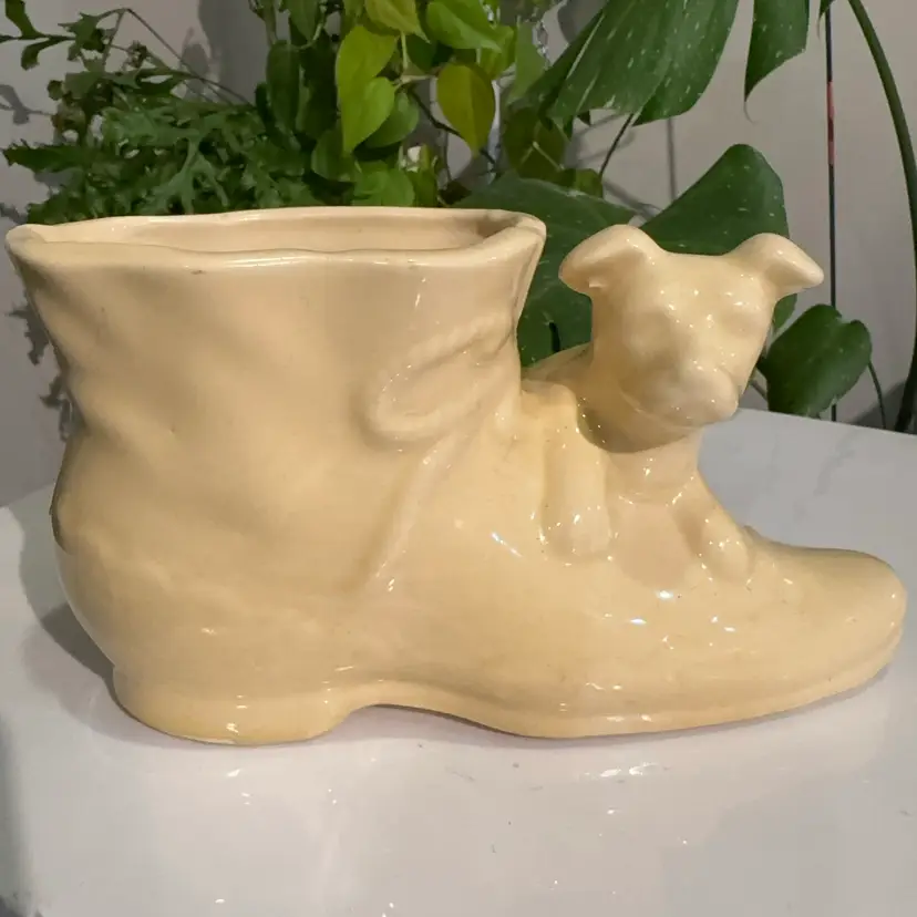Pottery Puppy And Boot Planter