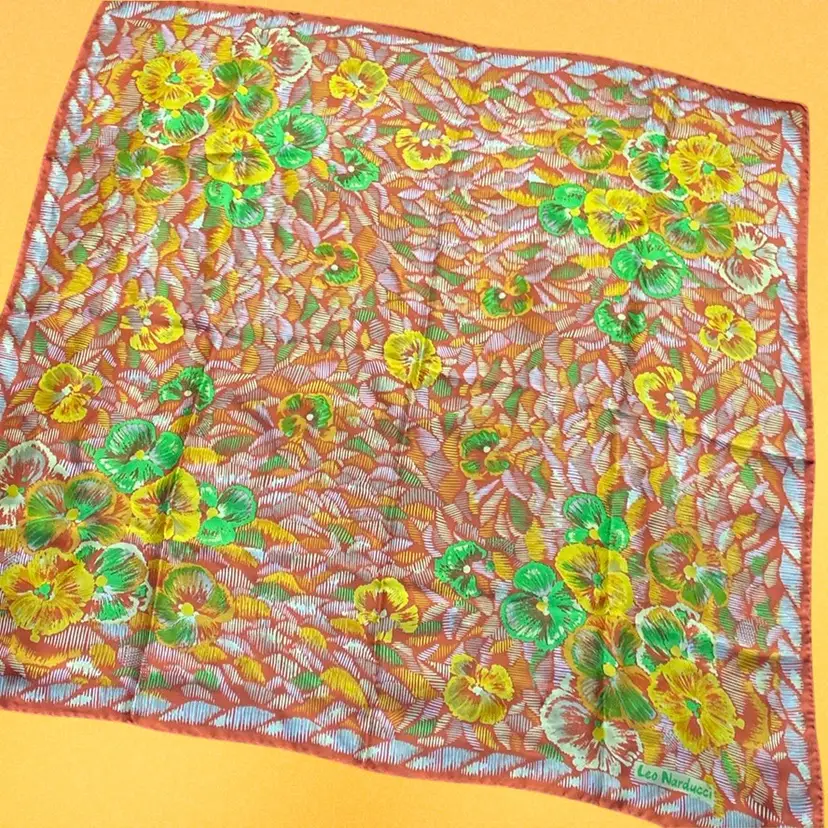 Vintage Leo Narducci Orange Yellow Green Hibiscus Flower Floral Square Scarf 26.5"x26.5"