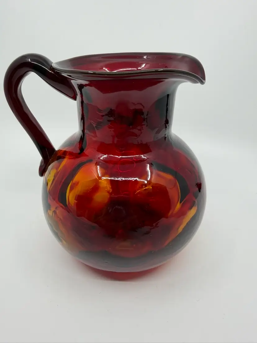 Vintage Hand Blown Art Glass Amberina Coin Dot PitcherGlows Read More