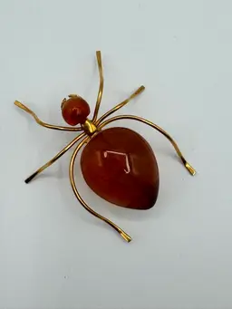 Vintage Gilded Brass Baltic Amber Spider Brooch Insect Retro Women's Jewelry
