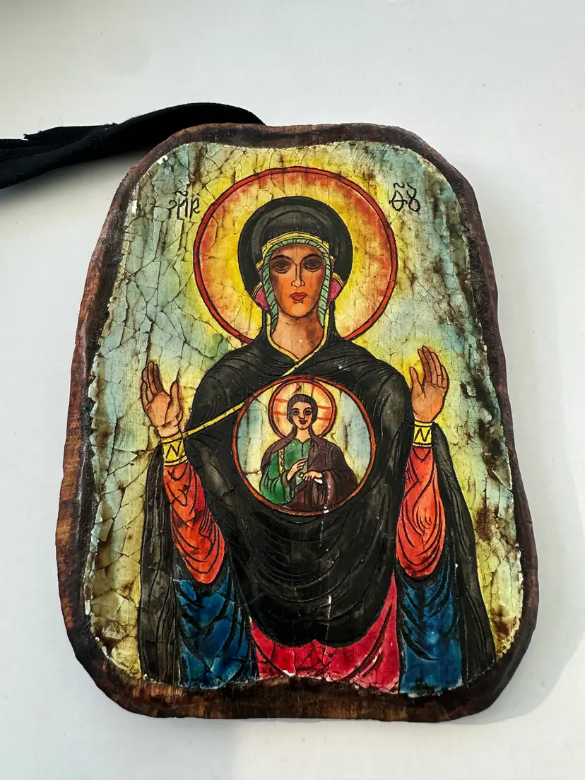 Handmade Religious Icon on Natural Wood Slab Folk Art Wall Plaque 7” x 8”