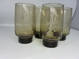 #01 - 4-Vintage Libbey Pfaltzgraff Village Brown Smoke Etched Tumbler Glasses