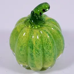 Hand Blown ART GLASS Yellow Green Spatter Cased Clear Pumpkin PAPERWEIGHT GLOWS
