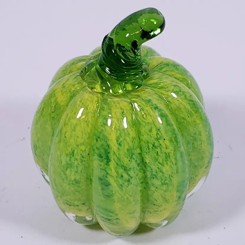 Hand Blown ART GLASS Yellow Green Spatter Cased Clear Pumpkin PAPERWEIGHT GLOWS