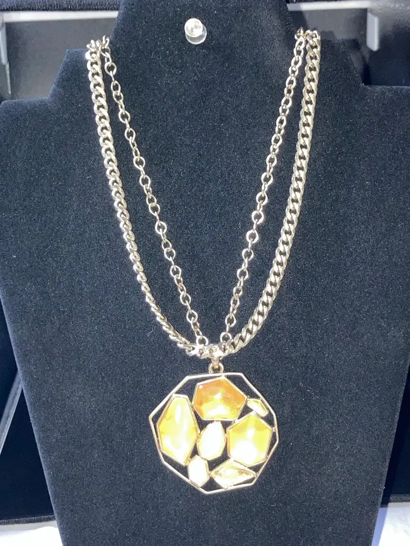 Kenneth Cole Reaction Goldtone Geometric Faux Gemstone Statement Necklace! 16”!