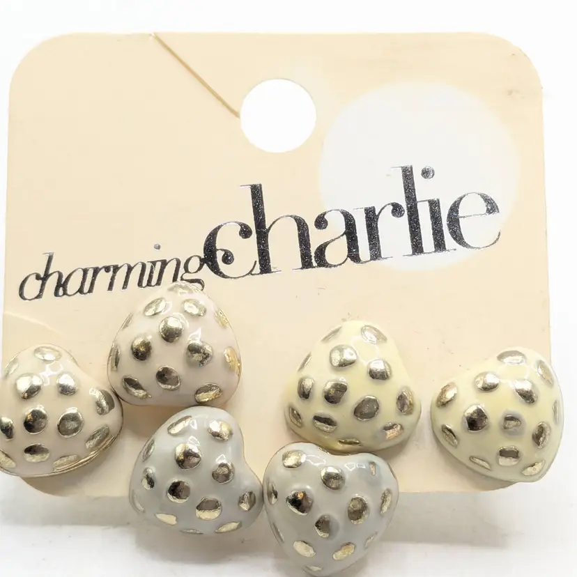 Charming Charlie Gold Tone Enameled Polka Dot Heart Earrings NOS
