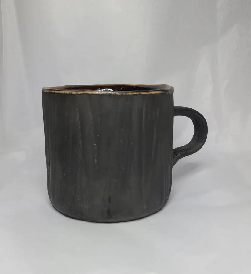 Signed Art Pottery Akira Satake Mug Cup, Black Kohiki, Saggar Fired