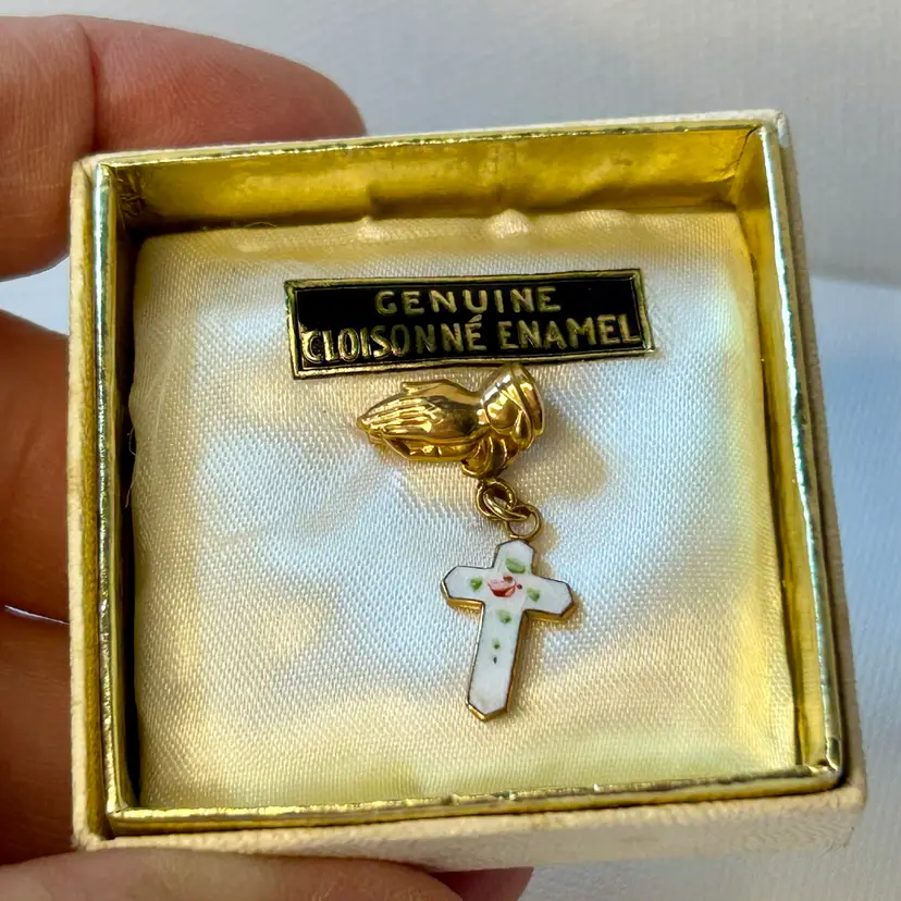 Vtg Religious Creed First Communion Cross Brooch Cloisonné Enamel