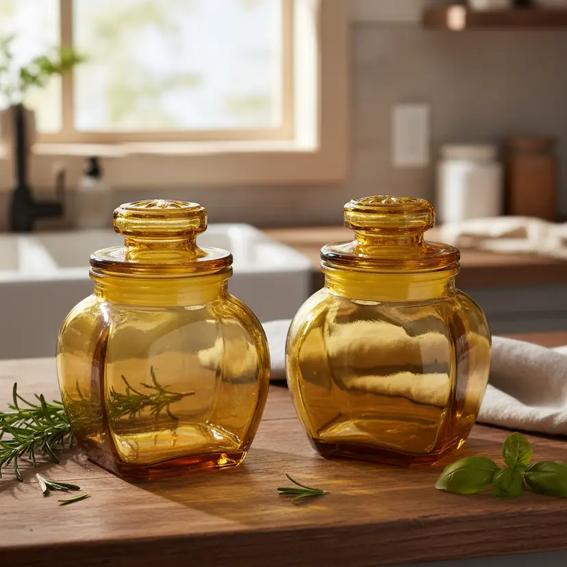 2 Vintage Wheaton Amber Glass Cannister Storage Jars