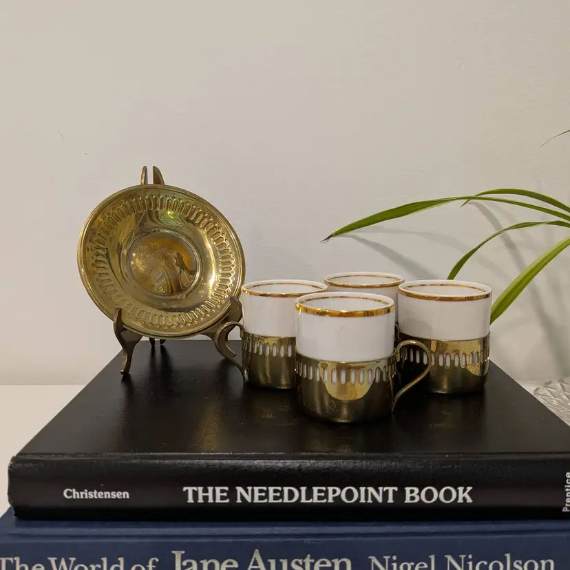 Vintage Brass & Porcelain Demitasse Set