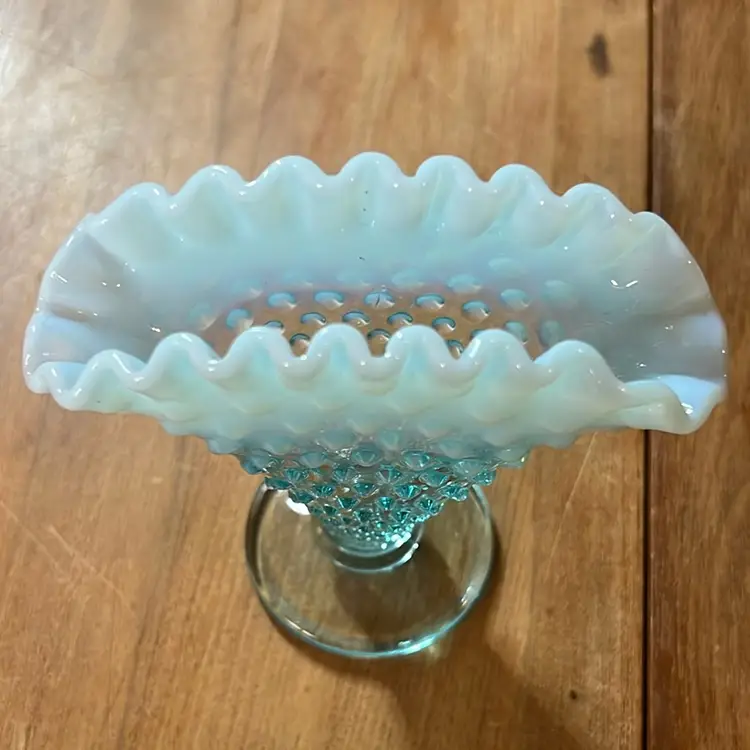 Fenton Blue Hobnail Opalescent Fan Vase, 4”