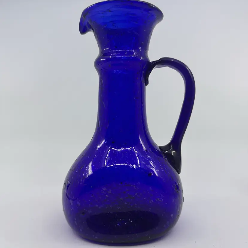 Vintage Cobalt Blue Hand Blown Glass Pitcher Vase