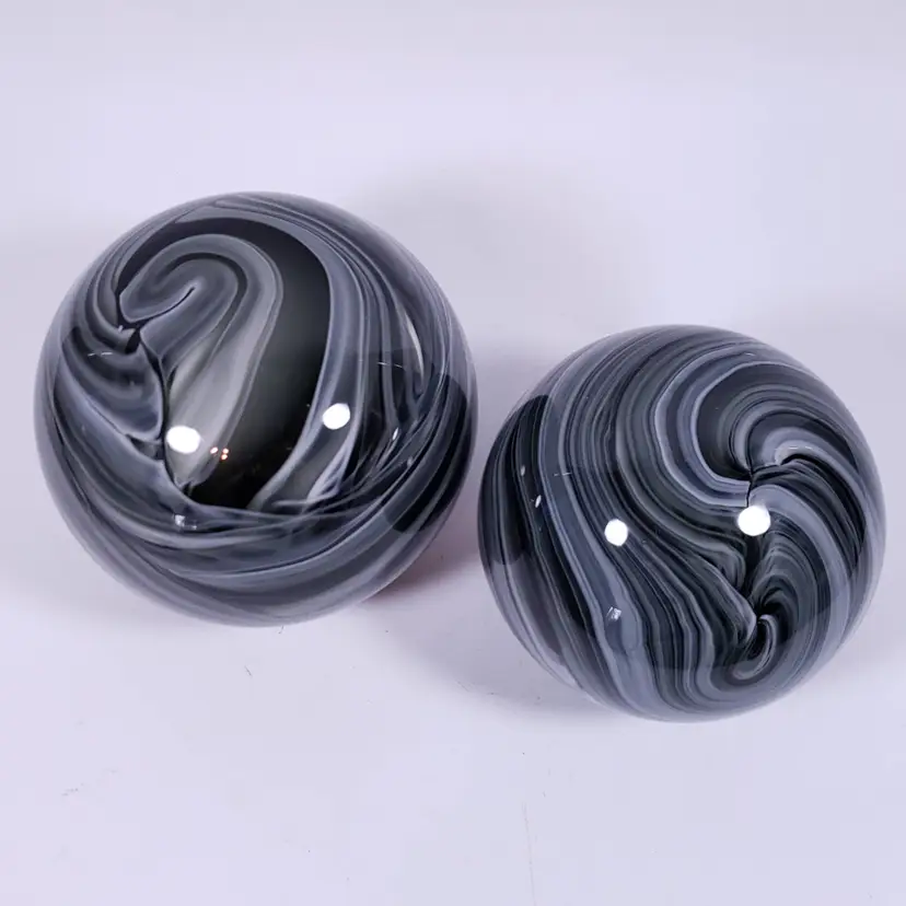 Black & White Marble Agate Swirl Blown Glass ORB PAPERWEIGHT SET