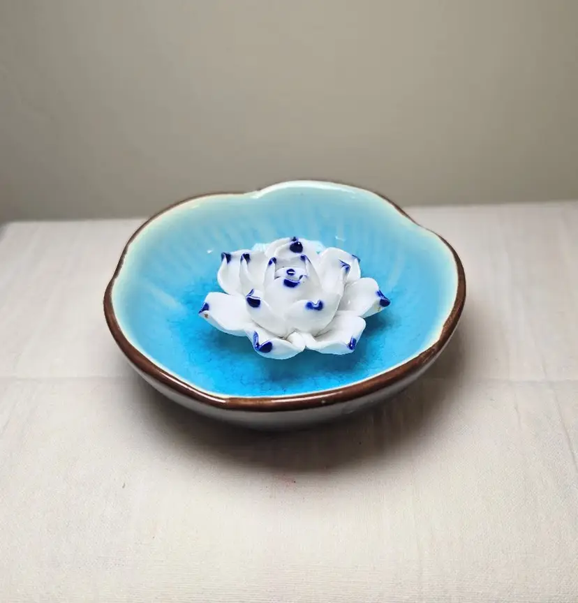 Incense Stick Holder Ceramic Lotus Incense Burner, Sky Blue - 3" Round