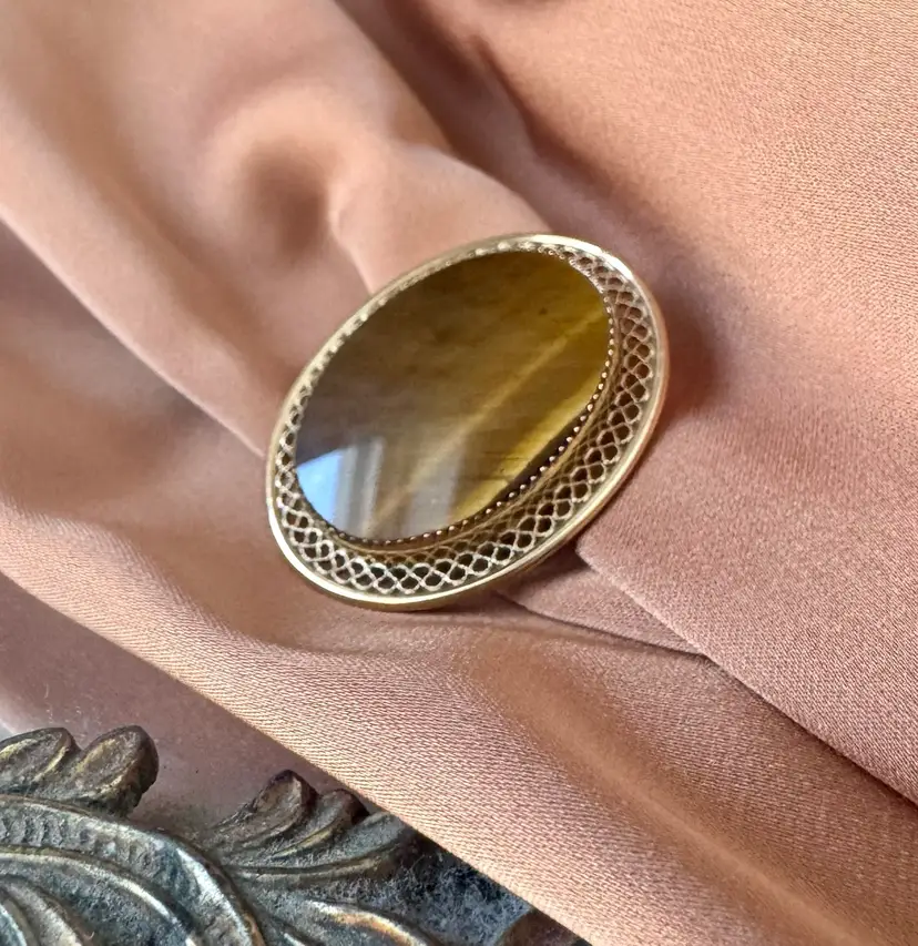 Vintage Gold Plate Over Silver Tiger’s Eye Brooch