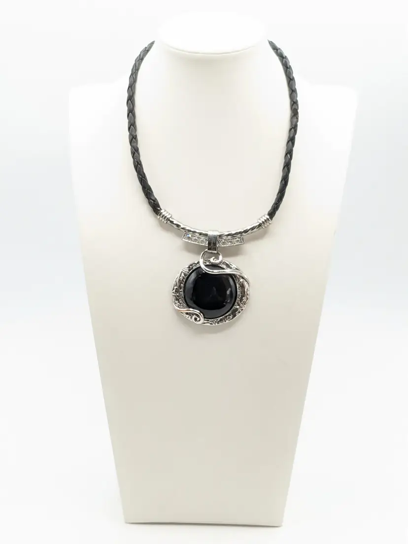 Silver Tone Black Glass Rhinestone Pendant Corded Necklace READ