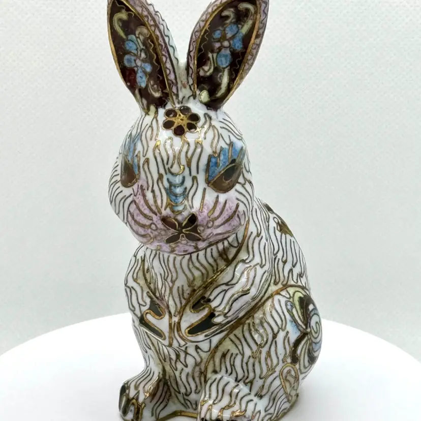 Vintage Cloisonné Bunny Rabbit Copper Enamel Handcrafted Animal Figurine Statue, Unbranded, Made in Beijing, China