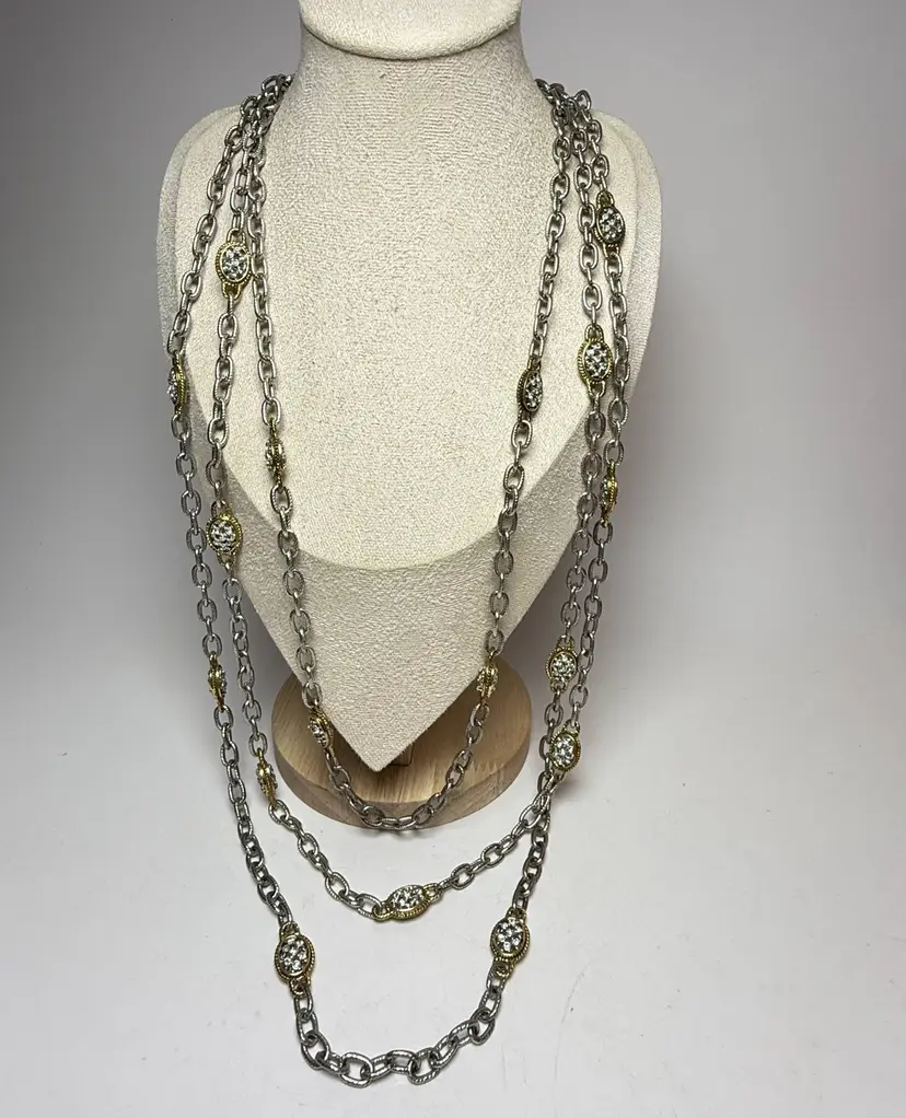 34" Monet 3 Strand Two Tone Station Necklace Rhinestone Ovals Gold Silver Heavy