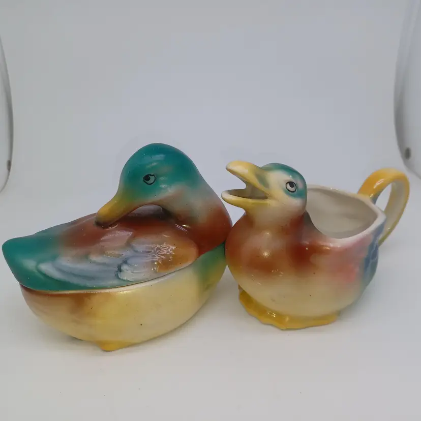 Vintage Czechoslovakia Pottery Duck Cream & Sugar Set