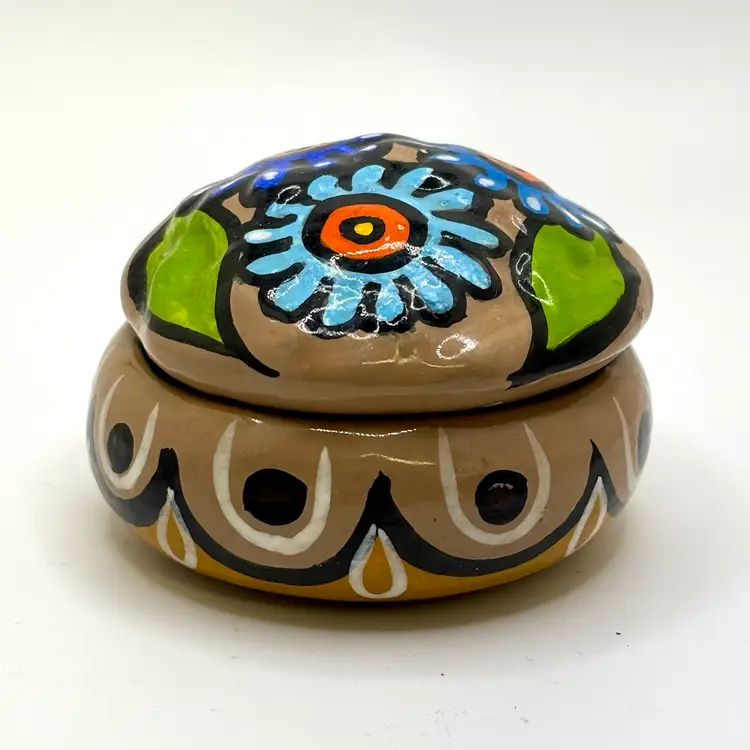 3 Flowers Mexican Pottery Round Trinket Box 2.5”