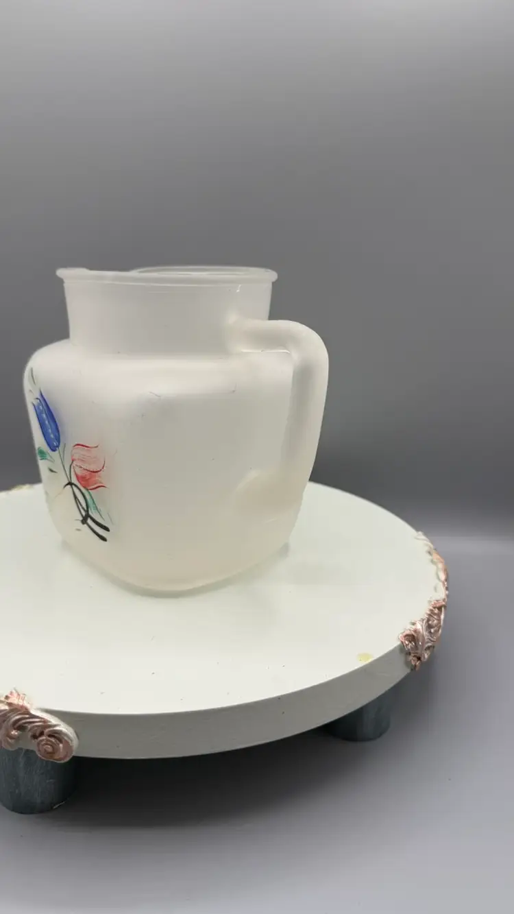 Vintage Hazel Atlas Frosted Glass Juice Pitcher Hand-Painted Tulips MCM 1950s