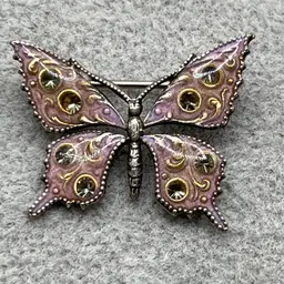 Signed Catherine Popseco Lavendar Enamel And Rhinestone Butterfly Brooch Pin 1'
