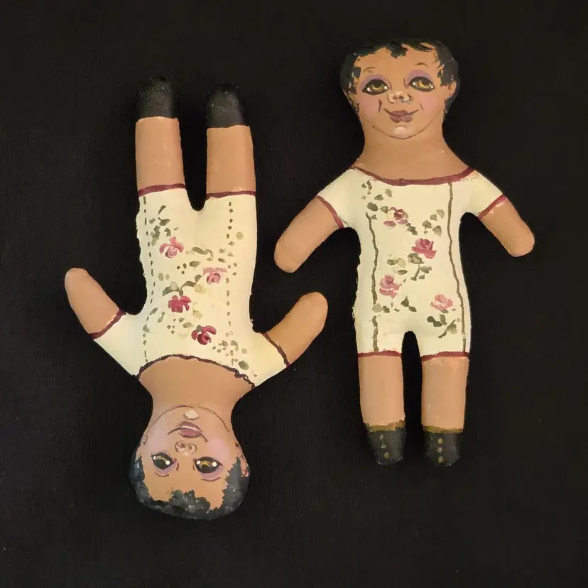 Folk Art Primitive Dolls set of 2 Handmade & Painted Cloth 4½" long Signed Marie (?) Vintage 2001