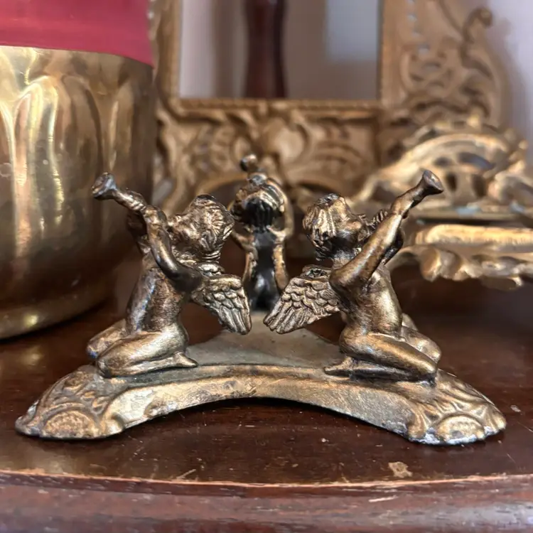 Vintage Victorian Style Solid Brass Cherub Horn Stand