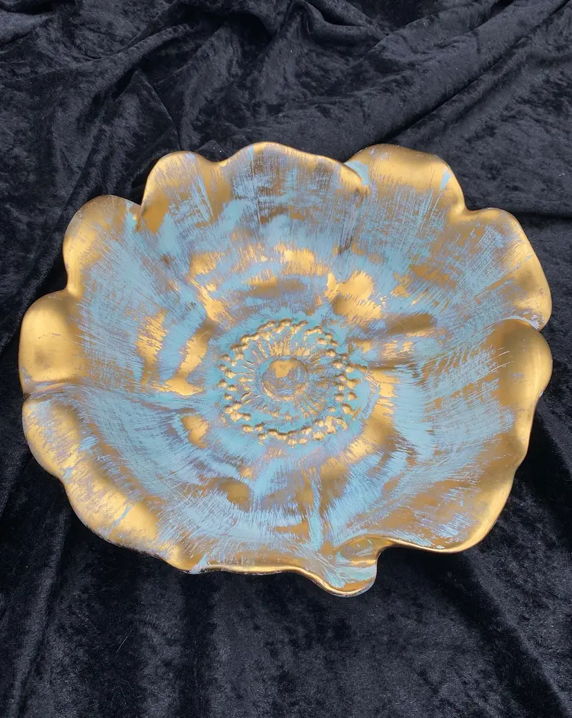 Vintage Stangl "Antique Gold", Gold on Green Body Rose Bowl, #3410-7, 8.5"