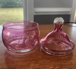 Princess House Cranberry Heritage Etched Glass Covered Candy Dish