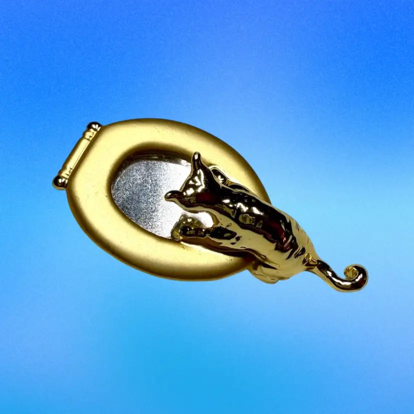 80's AJC Signed Kitty Cat Toilet Seat Brooch Pin, Gold Toned