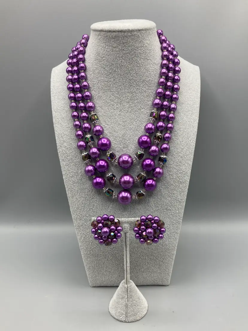 Vintage 3 Strand Purple Necklace and Clip-on Earrings Set Silvertone - Made in Japan