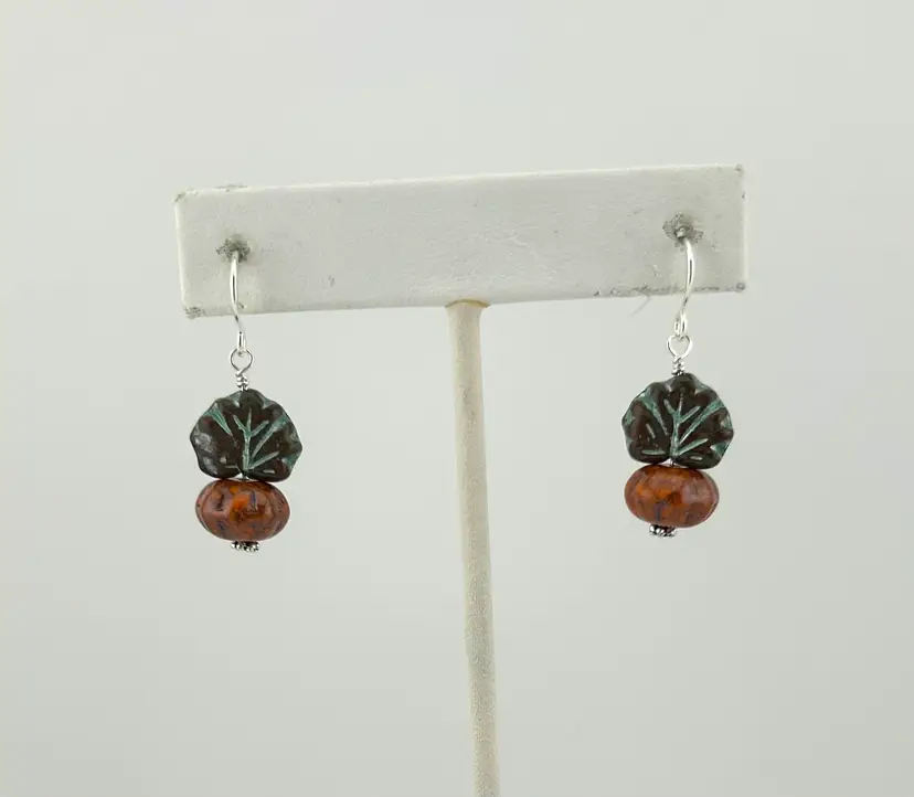 Czech Glass Pumpkin and Leaf Silver Tone Earrings 1.5” Long
