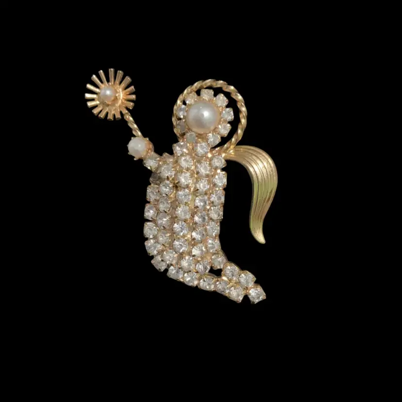 Vintage Goldtone Gone Angel / Fairy Brooch. Adorned With Glass Rhinestone & Faux Pearls. Not Signed
