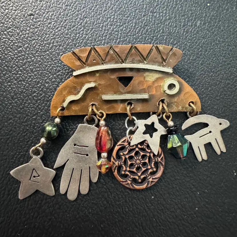 Vintage Artisan Mixed-Metals Charm Brooch Stamp Far Fetched Mexico