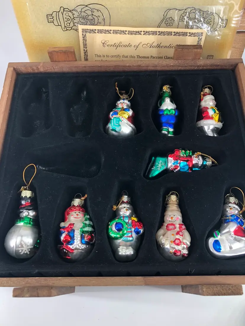 Thomas Pacconi Classic Collection 9 Glass Snowman Ornaments Wooden Crate