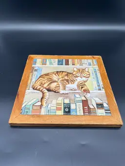 Signed Lowell Herrero 1982 Cat Tile - Framed Ceramic Art - Whimsical Bookshelf Scene - 9.5"