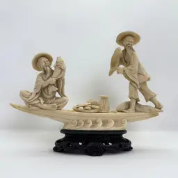 Vintage Asian Fishermen Boat Figurine – Resin Sculpture on Wood Base – Signed Nautical Decor – 1970s Collectible Art