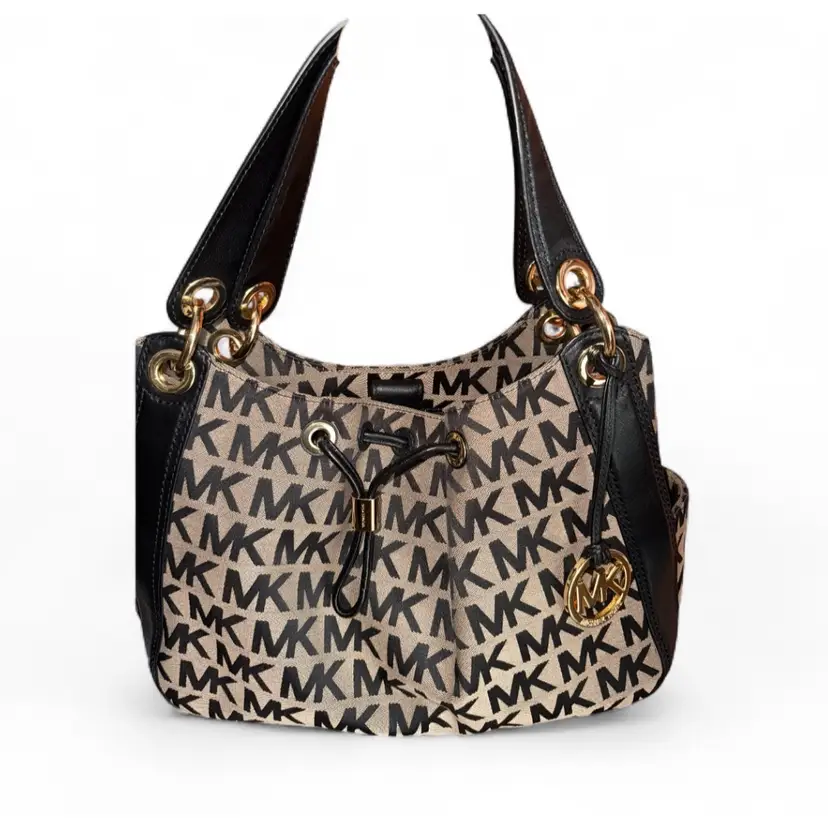 Michael Kors Ludlow Lrg Signature Hobo Bag Drawstring Black Canvas Black Leather