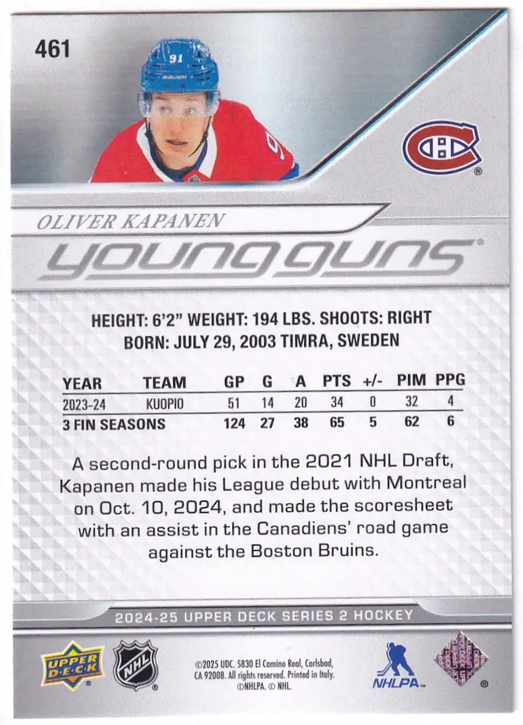 2024-25 Upper Deck #461 Oliver Kapanen YG RC Montreal Canadiens Hockey Card