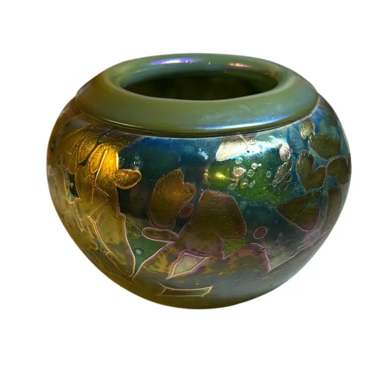 Very Early Vintage Robert Held Blown Iridescent Oil Spot Blue Green Purple Art Glass Bowl 7-1/2” - Signed “Skookum”