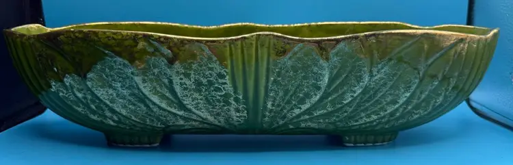 Maurice Of California USA Pottery J-50-B, Mid-Century Modern 1950's-60's Avocado Green & Gold Oblong Bowl, Planter, Console Centerpiece