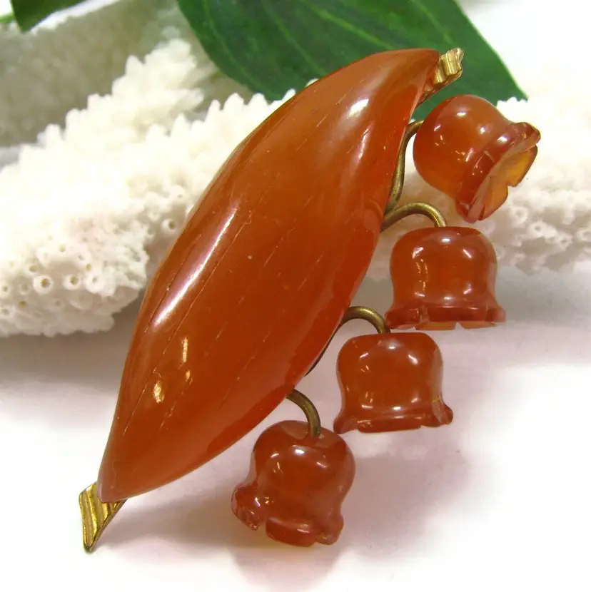Russian Lily Of The Valley Carved Baltic Amber Pin Vintage Brooch