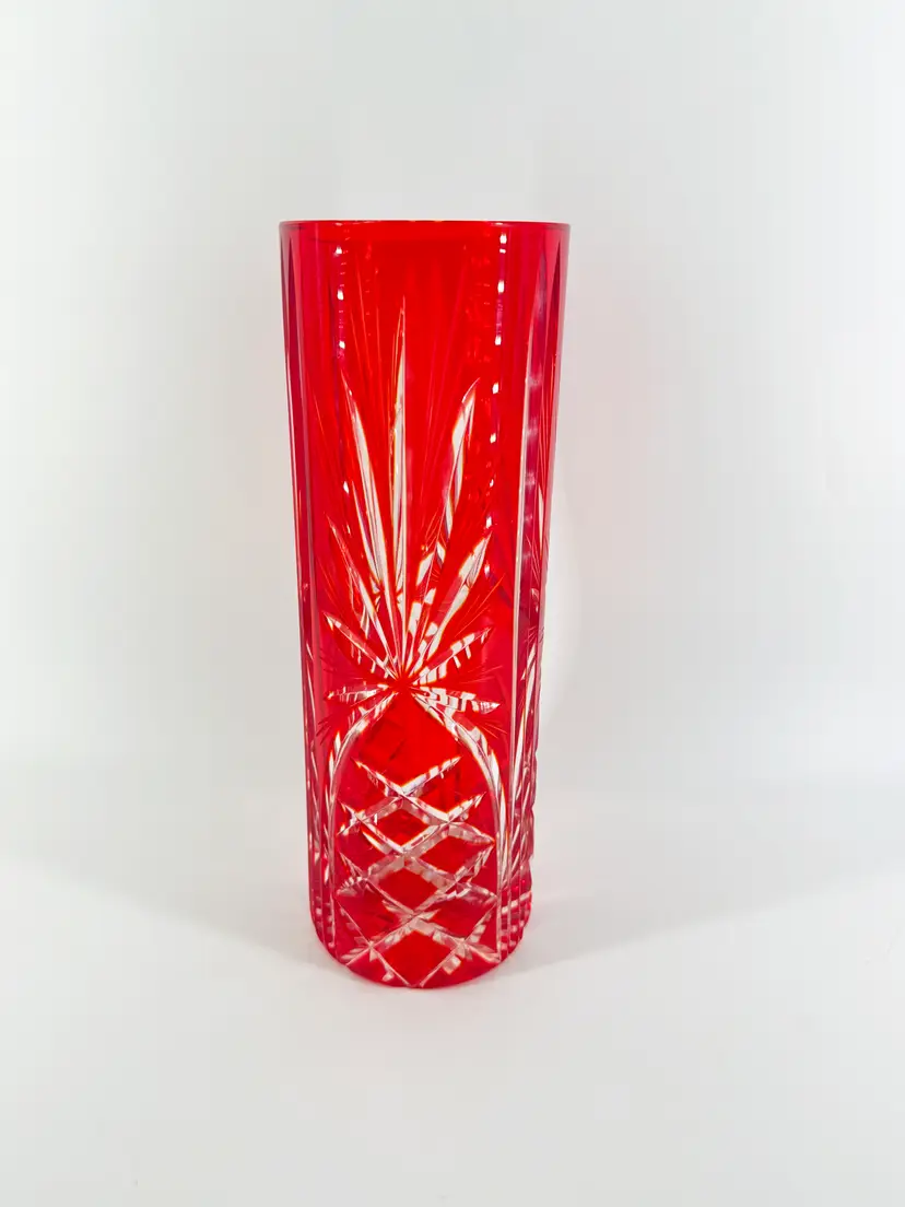 Ruby Red Cut To Clear 12" Vase Diamond & Fan Pattern